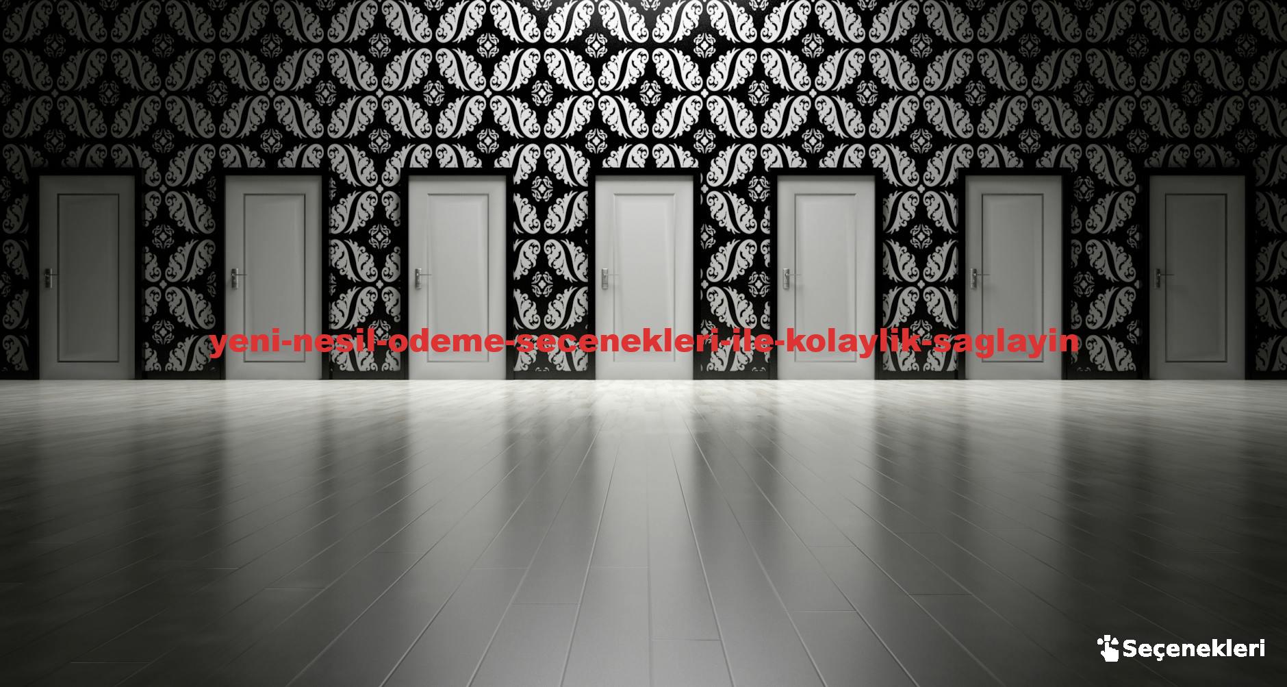 Five closed doors in a black and white ornate hallway symbolizing opportunities and decisions.