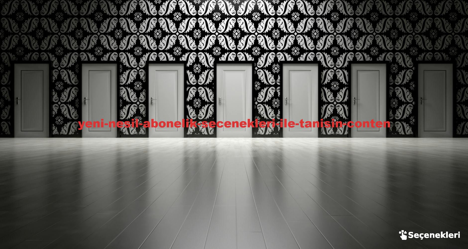 Five closed doors in a black and white ornate hallway symbolizing opportunities and decisions.