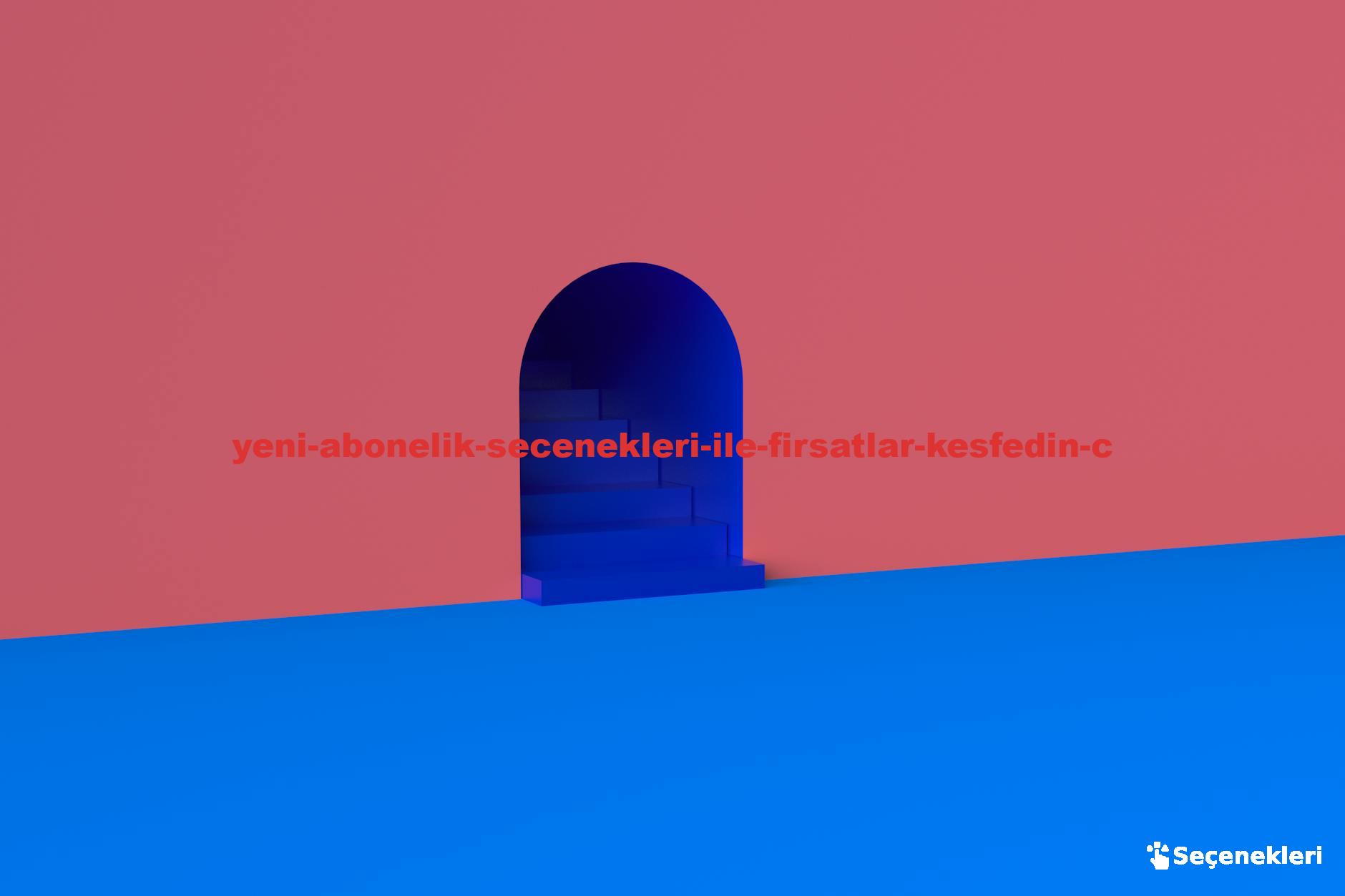 A surreal archway leading to mysterious stairs, featuring bold pink and blue colors in a minimalistic design.