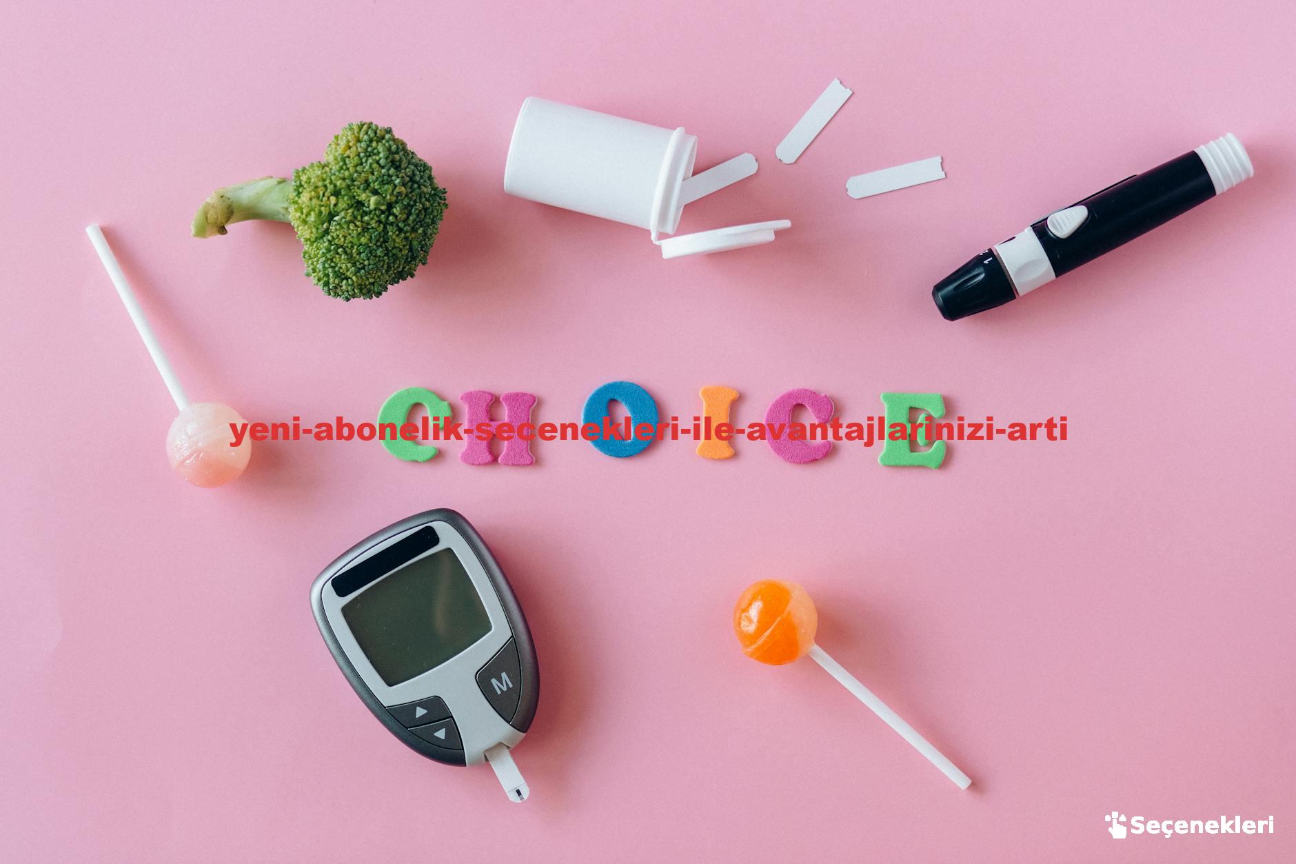 Artistic depiction of choosing between healthy food and sweets with glucose monitor on pink background.