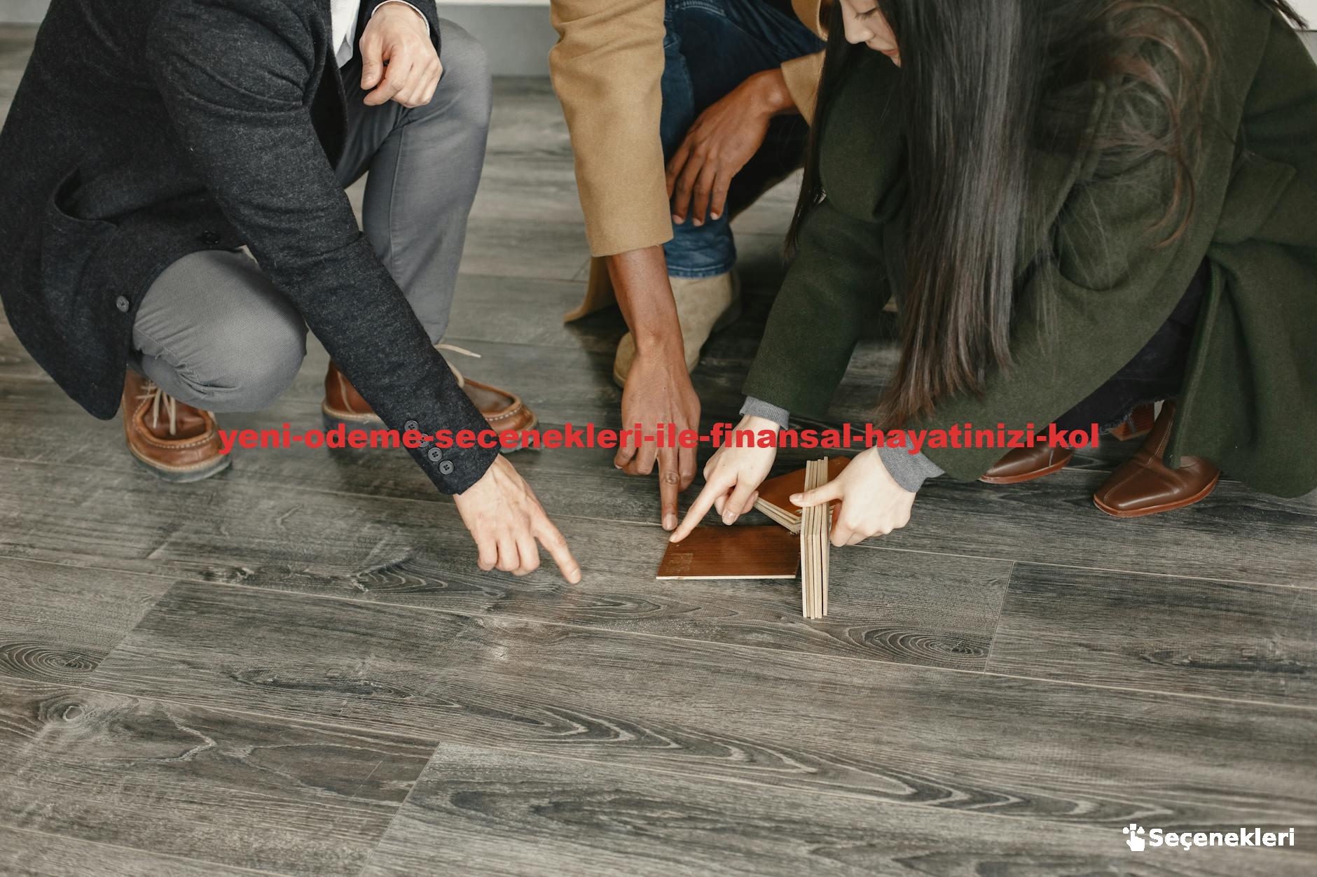 Three adults selecting flooring options indoors, focused on wooden samples and decision-making.